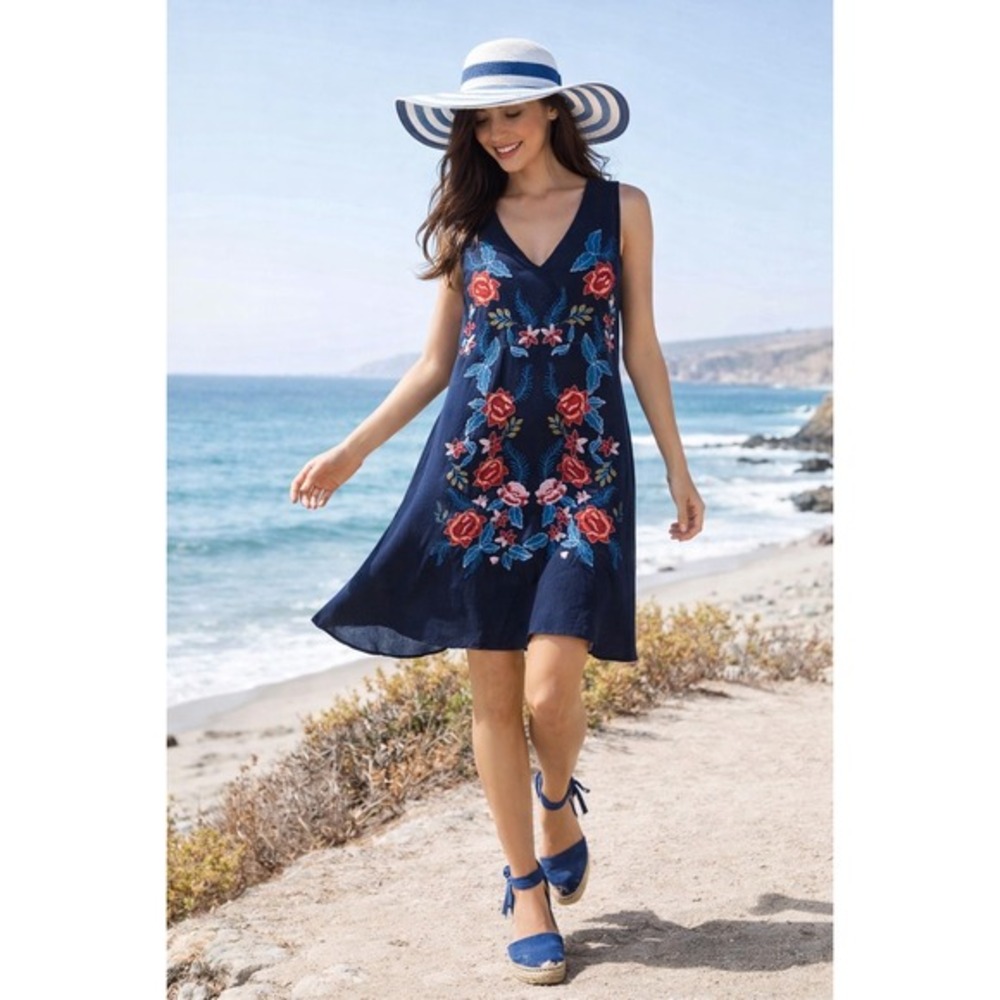 Umgee Mini Dress Women Sz M Blue Floral Embroidered Sleeveless 100% Cotton